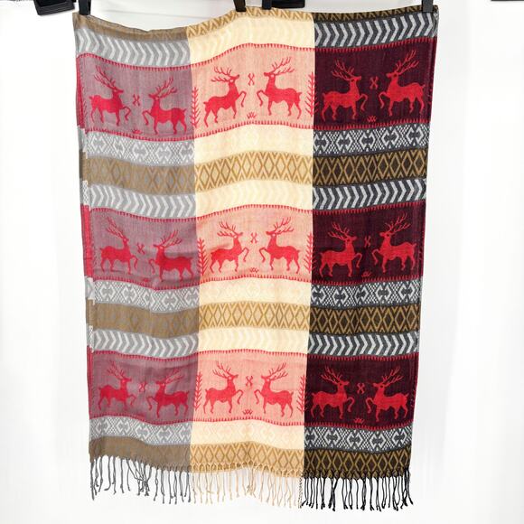 Lot of 3 Winter Scarves Knit Stripe Reindeer Fringe Red Plaid Fleece Acrylic - Picture 2 of 11